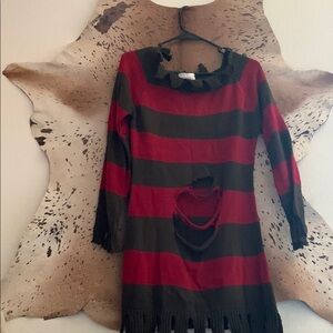 Red and Black Striped Dress with Distressed Details